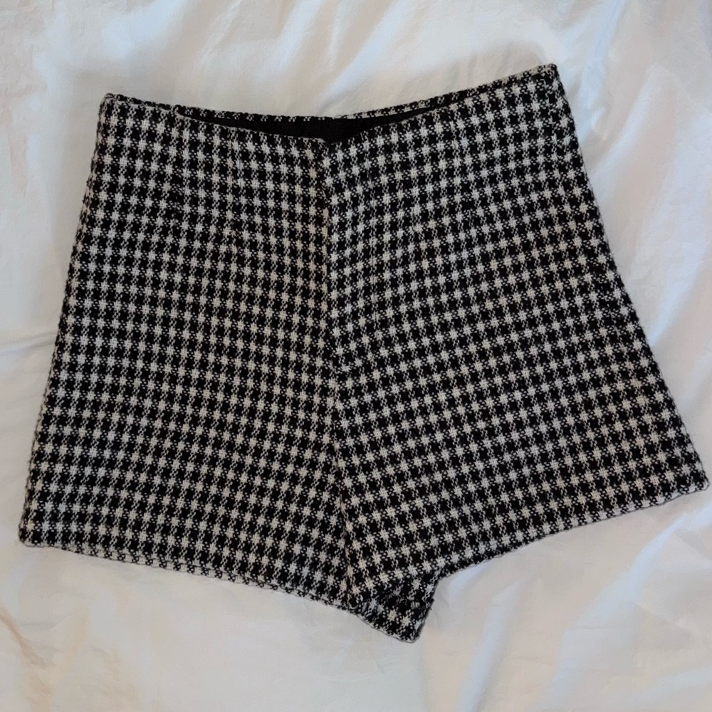 Zara Black and White Checkered High Waist Shorts in wool blend